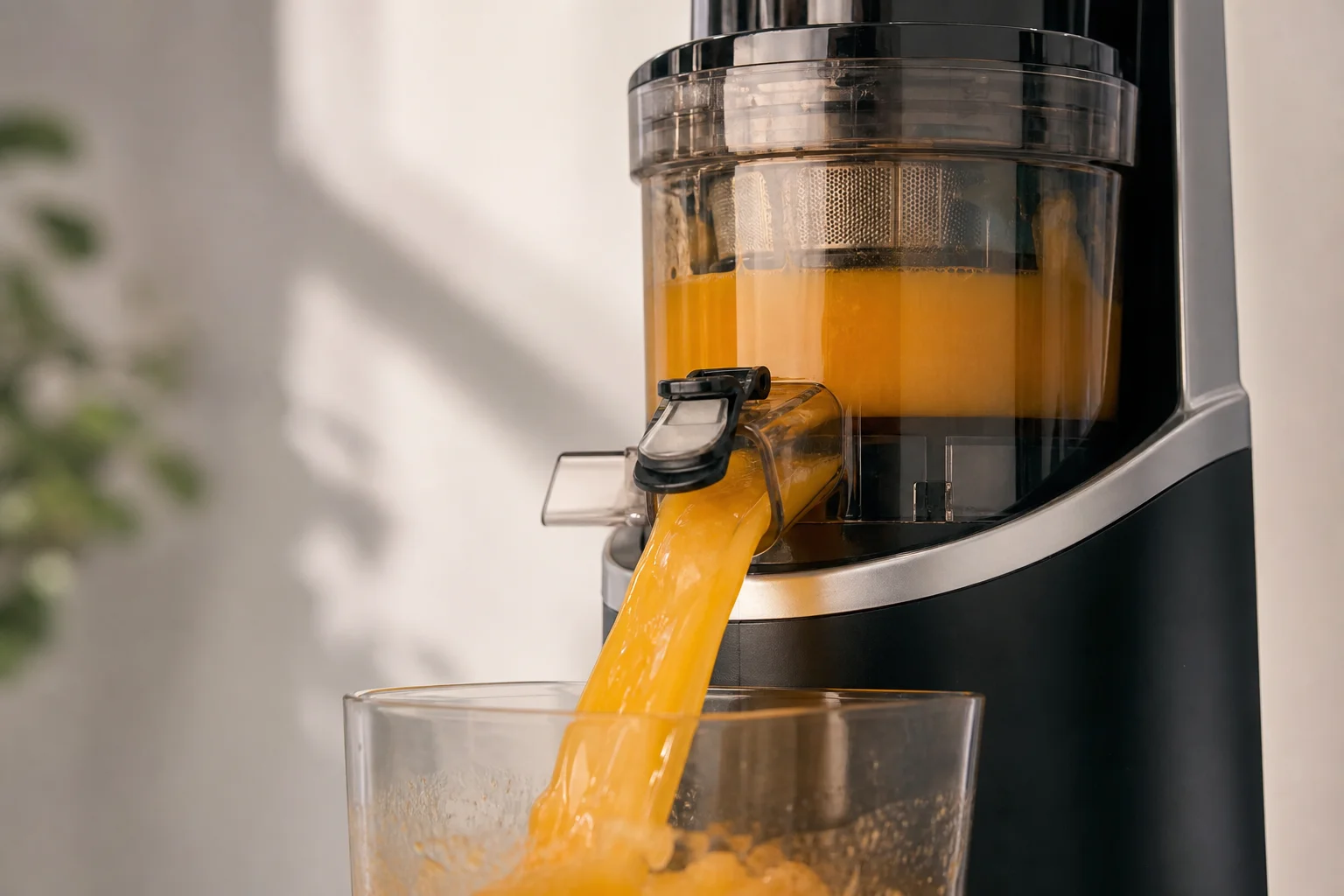 A powerful juicer motor running continuously with juice output visible