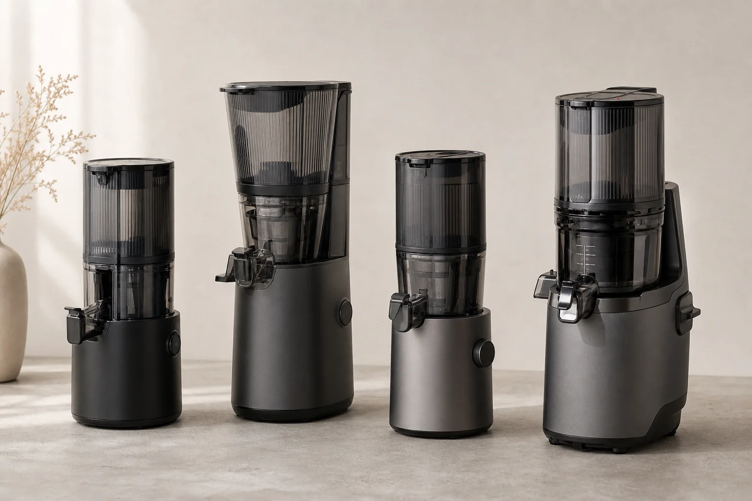 Four cold press juicers lined up on concrete: Hurom H70, H400, Nama J2, and Kuvings AUTO10