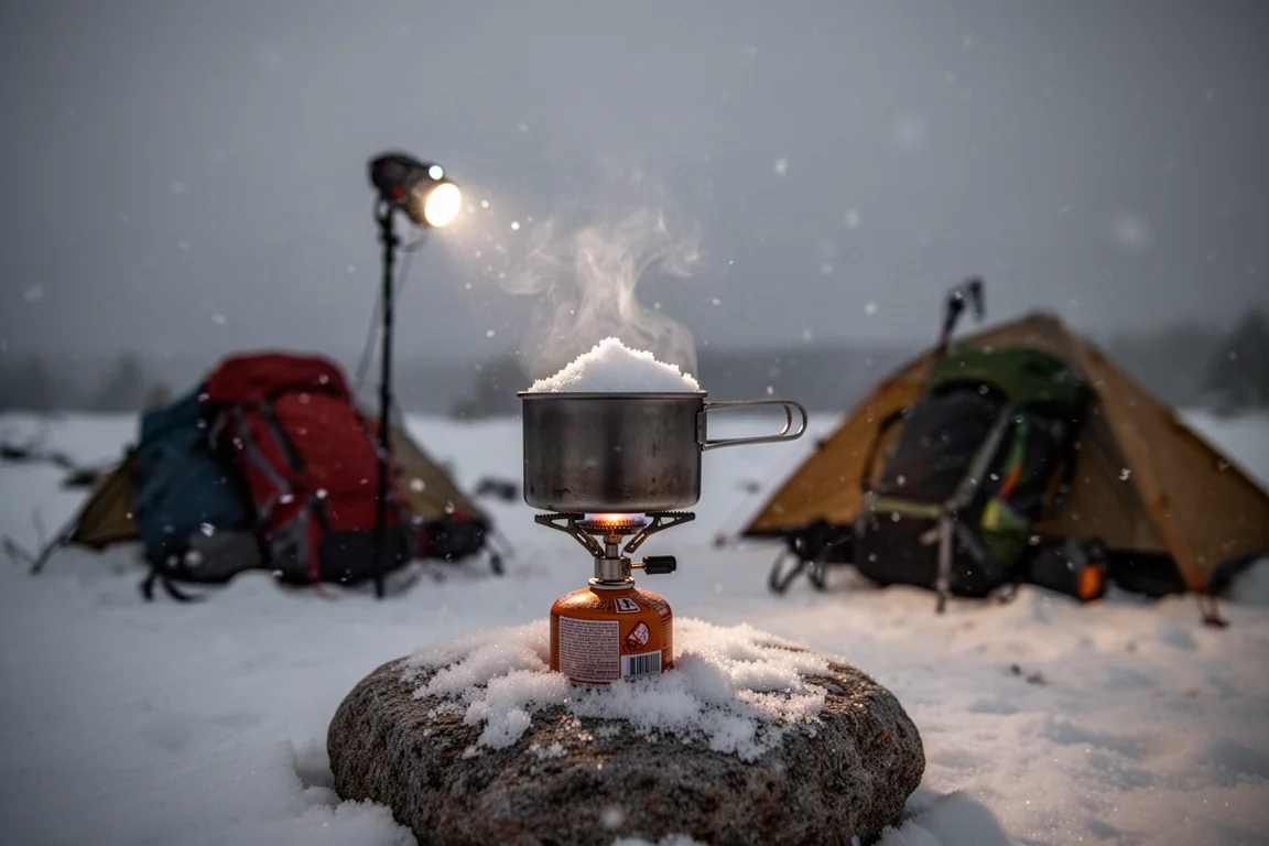 Overhead flat-lay of cold-weather backpacking gear on a concrete surface