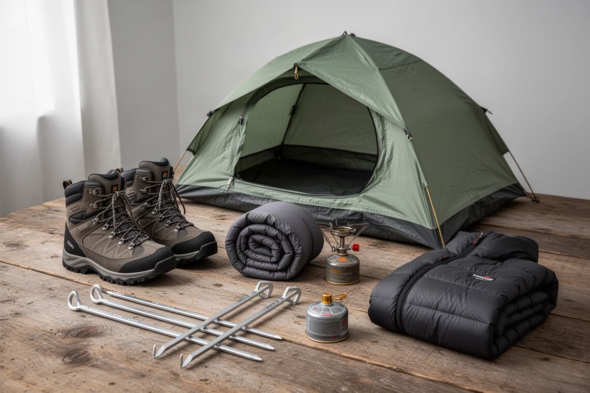 Alpine campsite at dusk with a low-profile shelter, sleeping pad and two compact stoves