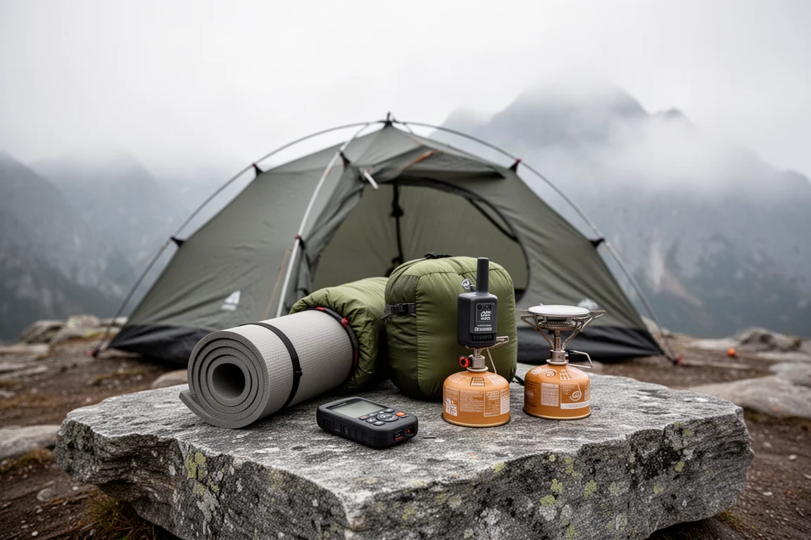 Cold-weather camping gear arranged on a rock slab with a low dome tent behind