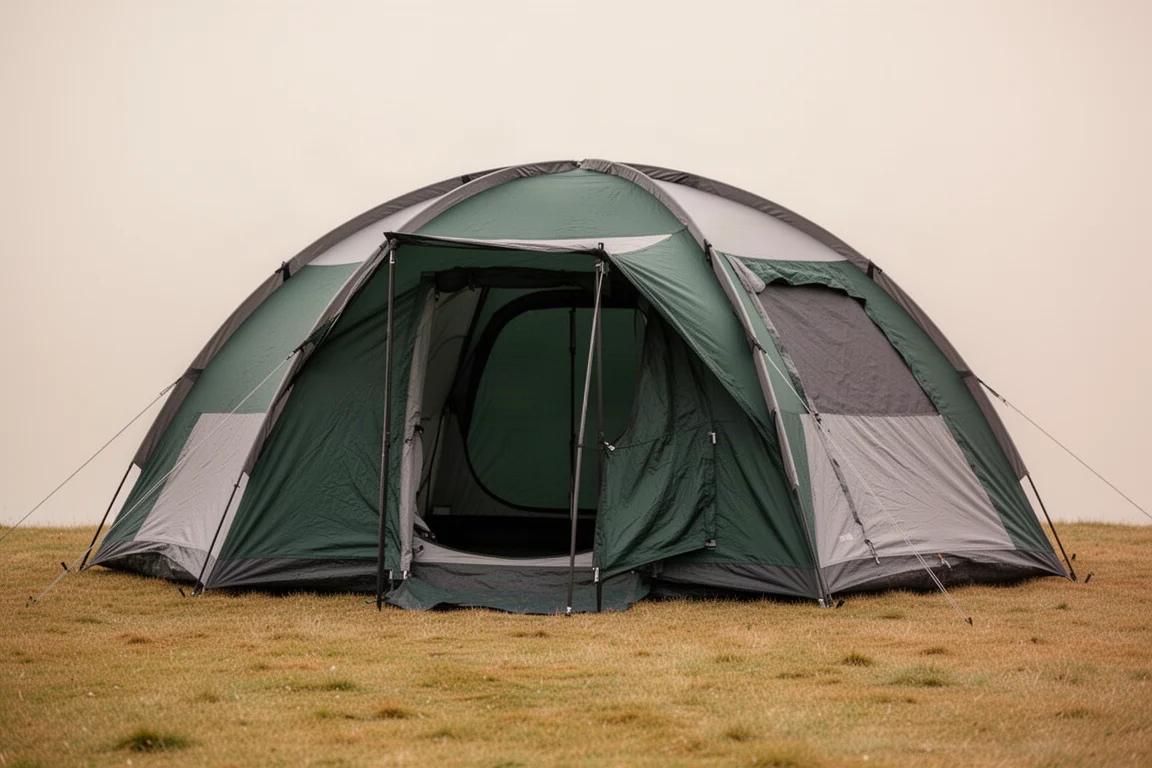 Large family dome tent with an open hinged door on a grass clearing at dusk
