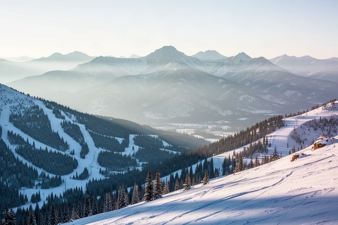 Winter panorama of layered Colorado peaks with snowy evergreen slopes and faint groomed runs below