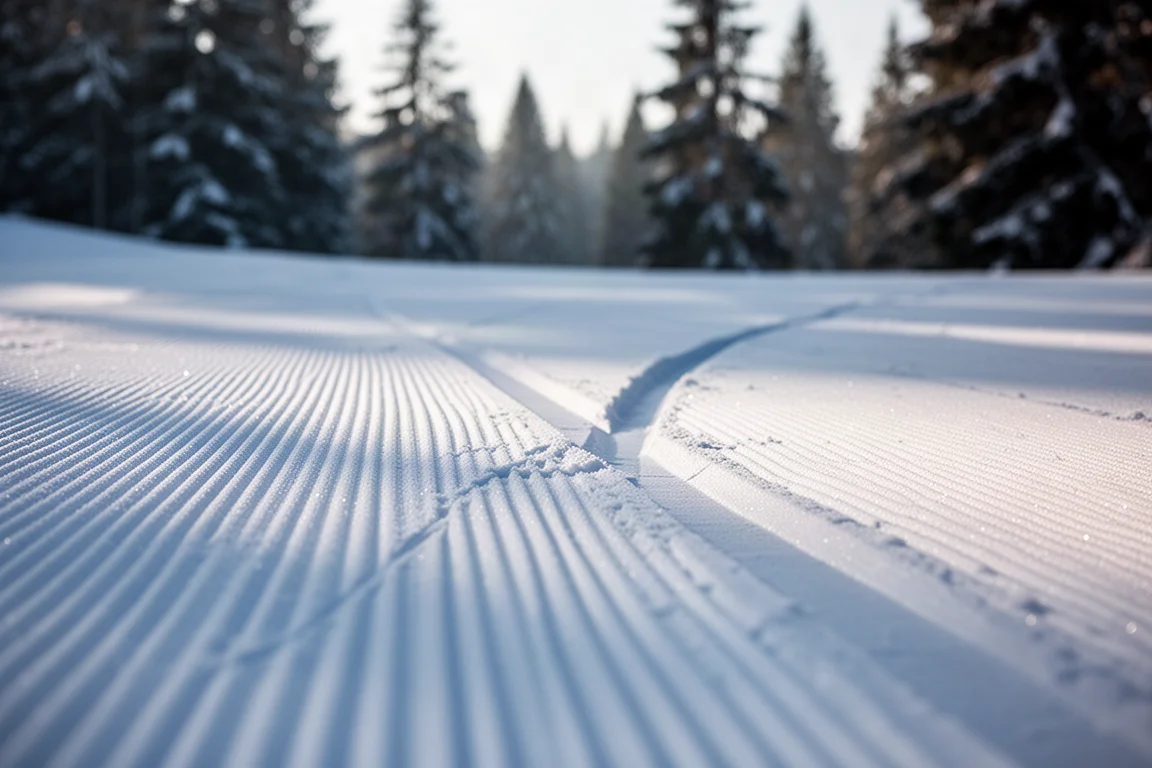 Freshly groomed corduroy snow texture with ski tracks and long morning shadows