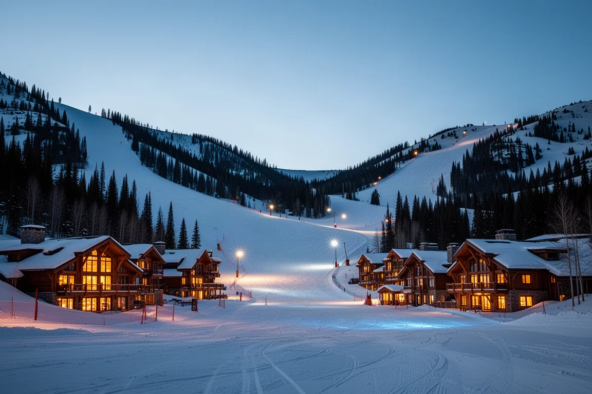 Snowy mountain valley at dusk with lit base lodges and blue evening light on groomed slopes