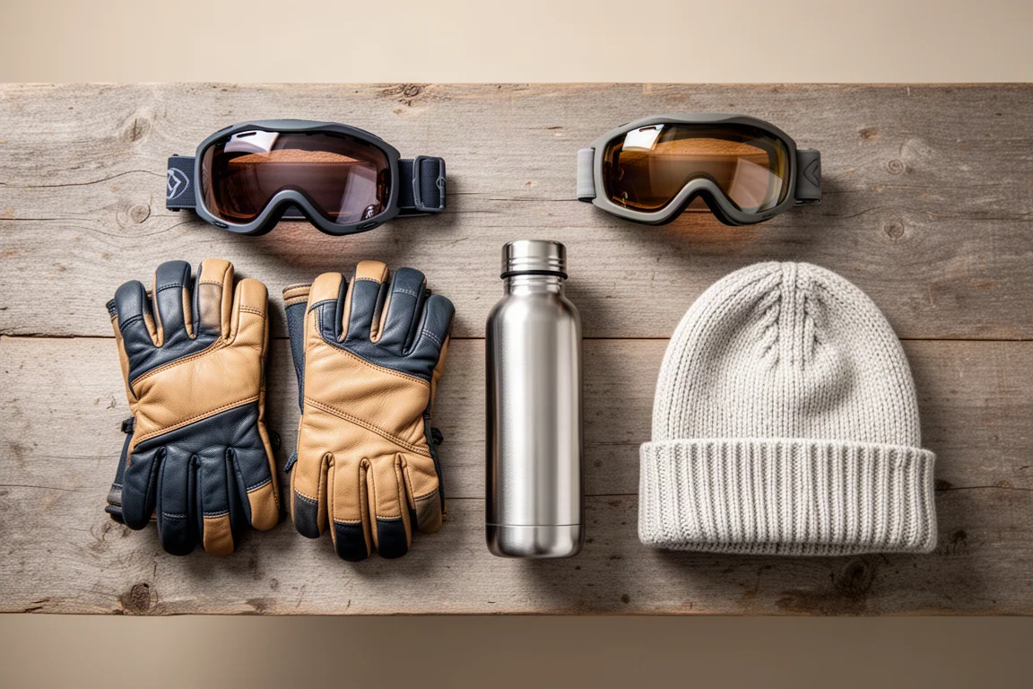 Overhead flat lay of ski gloves, goggles, a flask, and a wool beanie on weathered wood