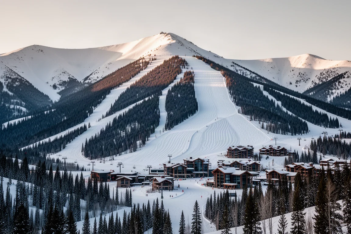 Elevated winter view of a Colorado ski resort with alpine bowls, glades, groomed runs, and a base village