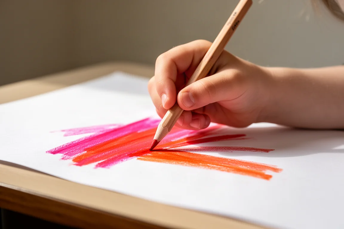Kinderhand koloriert eine bunte Zeichnung mit einem Buntstift auf weißem Papier