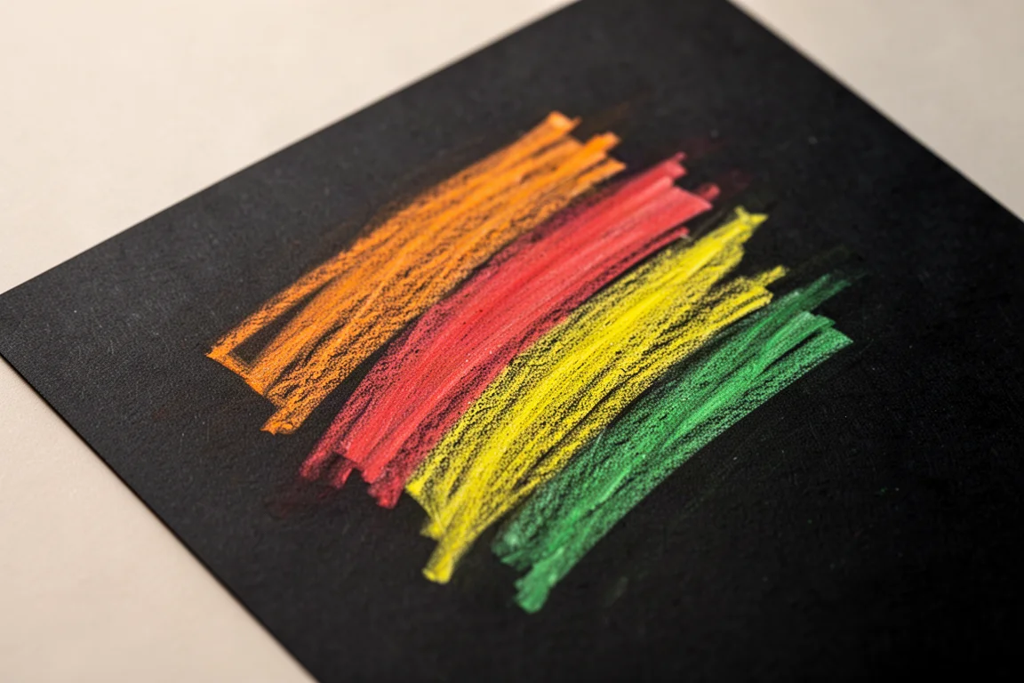 Leuchtende Buntstiftstriche auf schwarzem Papier