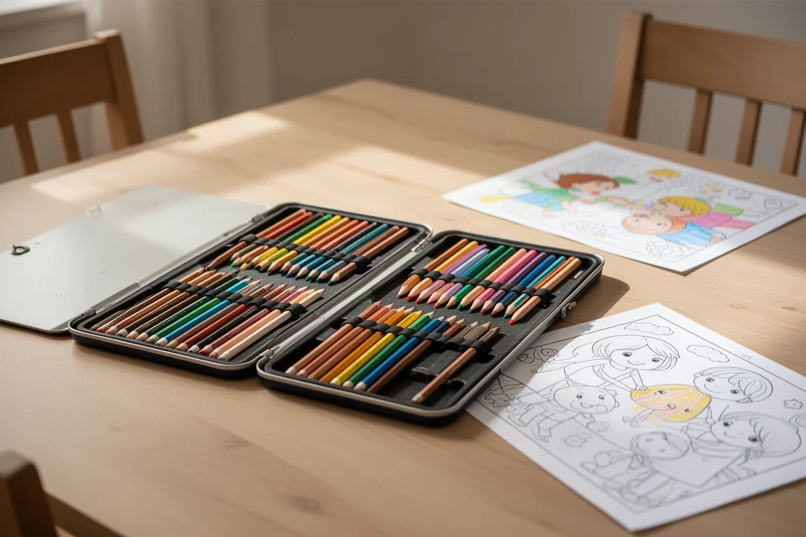 Zwei Kinder teilen sich Buntstifte aus einem geöffneten, flach liegenden Set auf einem Tisch