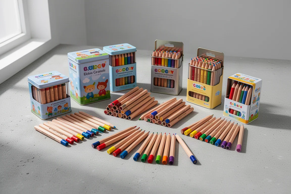 Seven sets of children's colored pencils with tins and fanned pencils on a grey concrete surface