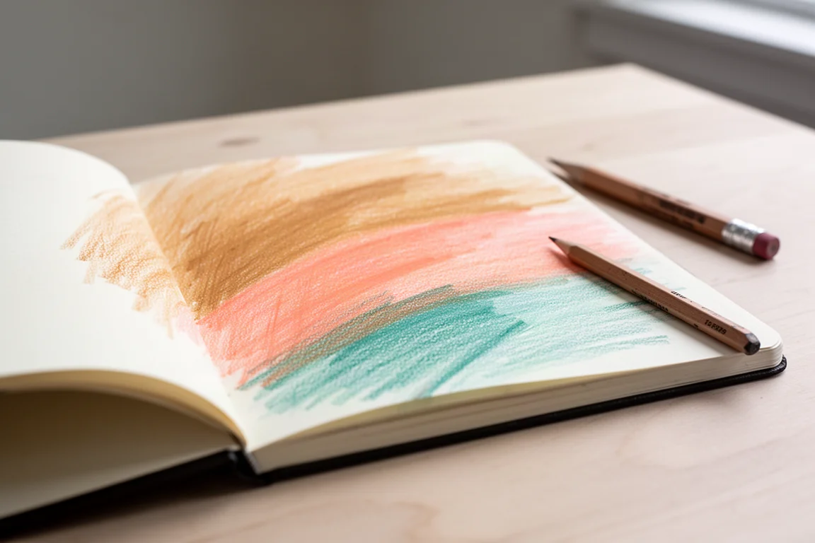 Página abierta de un cuaderno de dibujo con trazos superpuestos de degradado en tonos cálidos