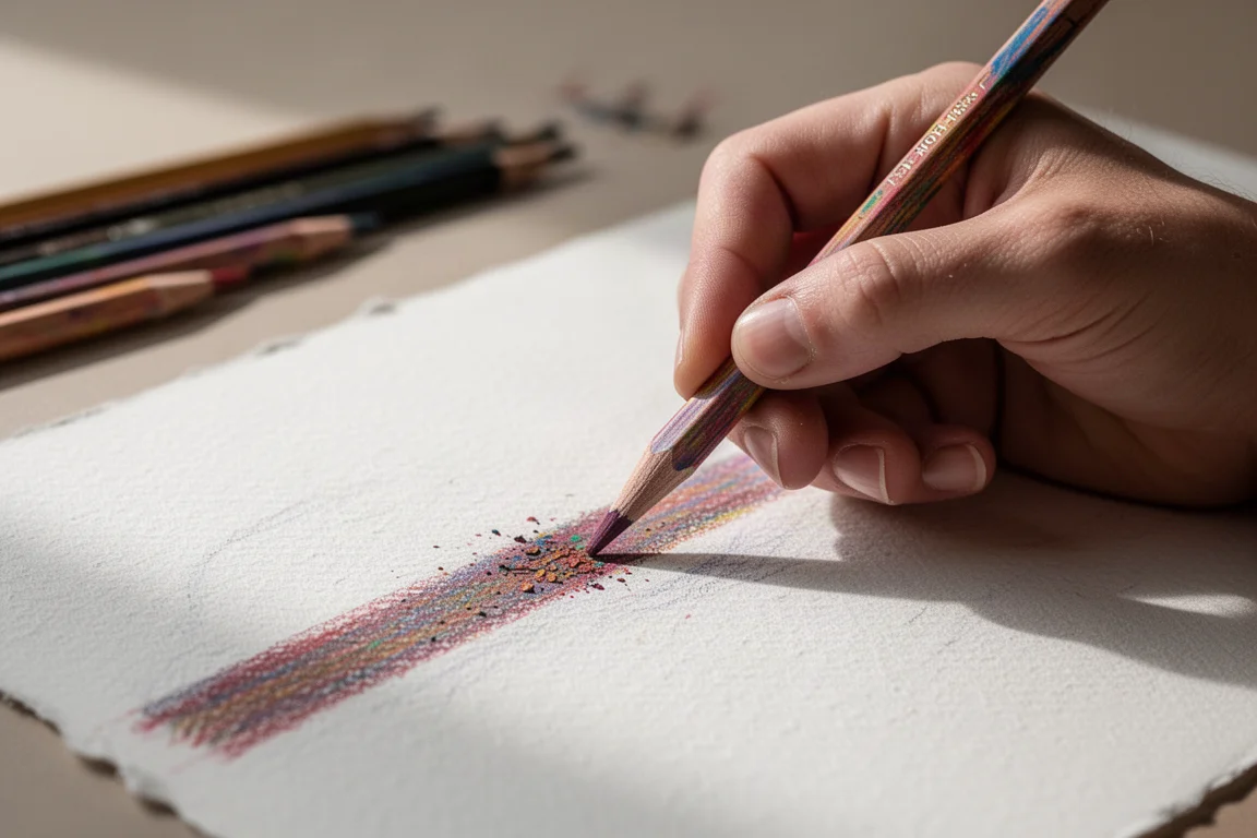 Mano de un artista presionando con firmeza un lápiz sobre papel de textura