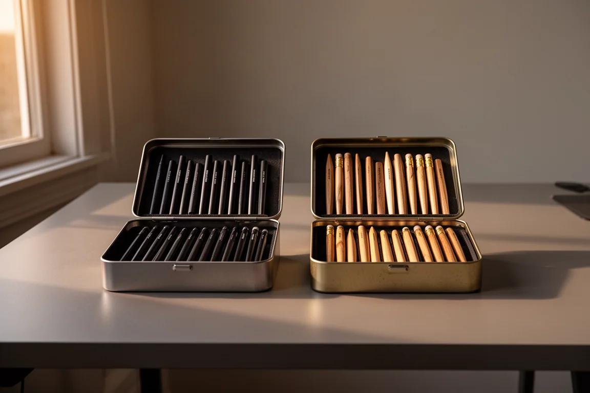 Escena de escritorio con dos cajas de lápices abiertas lado a lado a la luz del atardecer