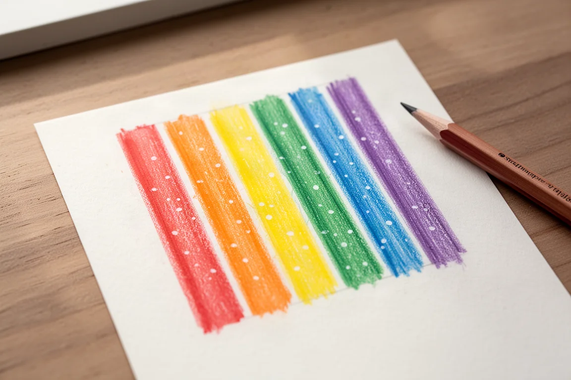 Musterbogen eines Buntstift-Künstlers mit sechs Farben und sichtbarer Papierstruktur vor dem Verblenden