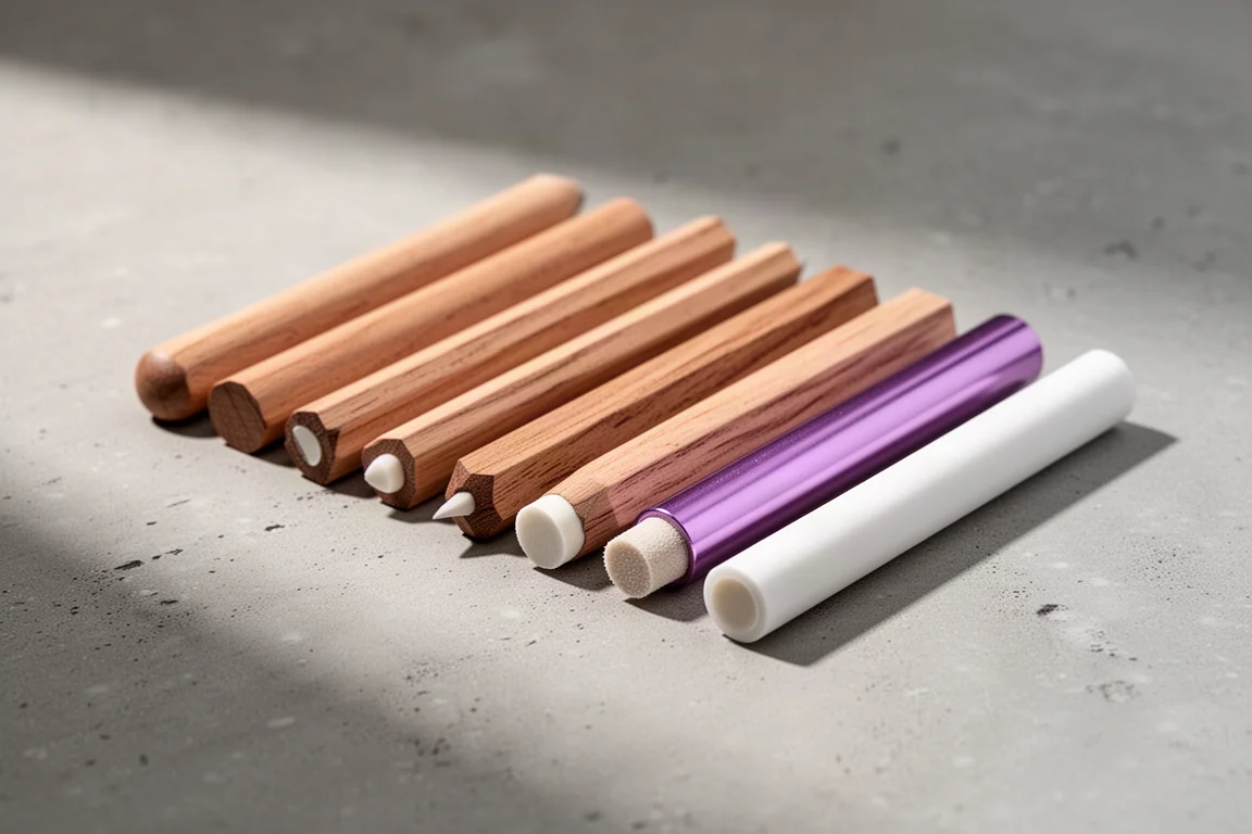 Ten colorless blender and burnisher pencils arranged in a row on a concrete surface