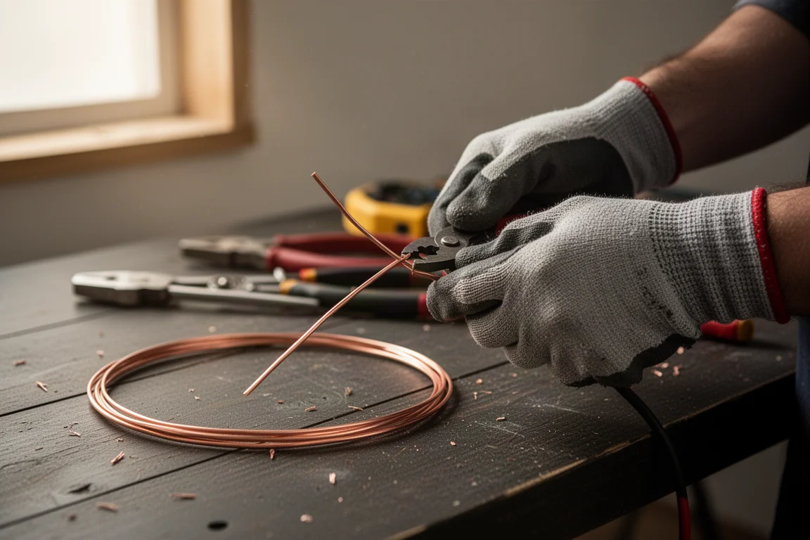 Electrician stripping insulation from copper wire on a workbench