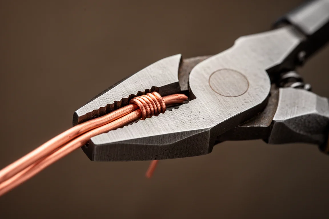 Close-up of plier jaws stripping a copper wire cleanly