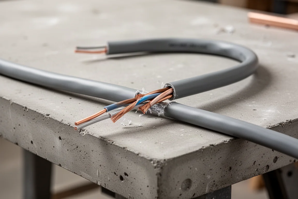 Sparky wire sheathing being pulled free from a Romex cable