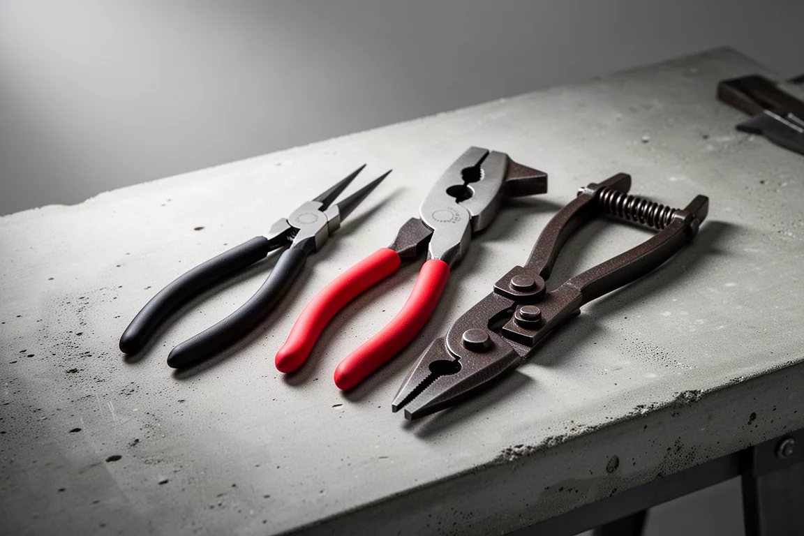 Three combination stripper pliers arranged on a concrete workbench