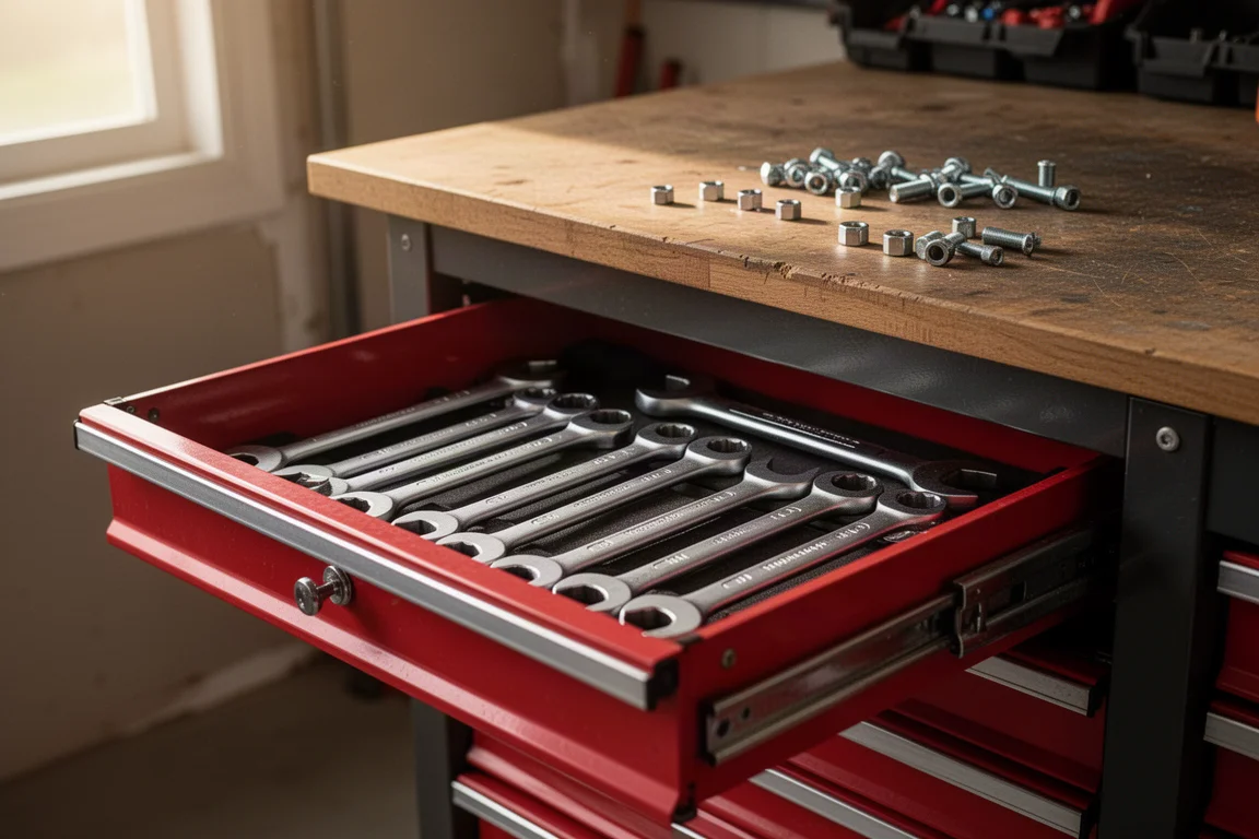 Tiroir de coffret à outils ouvert dans un garage domestique avec des clés et des éléments de fixation épars