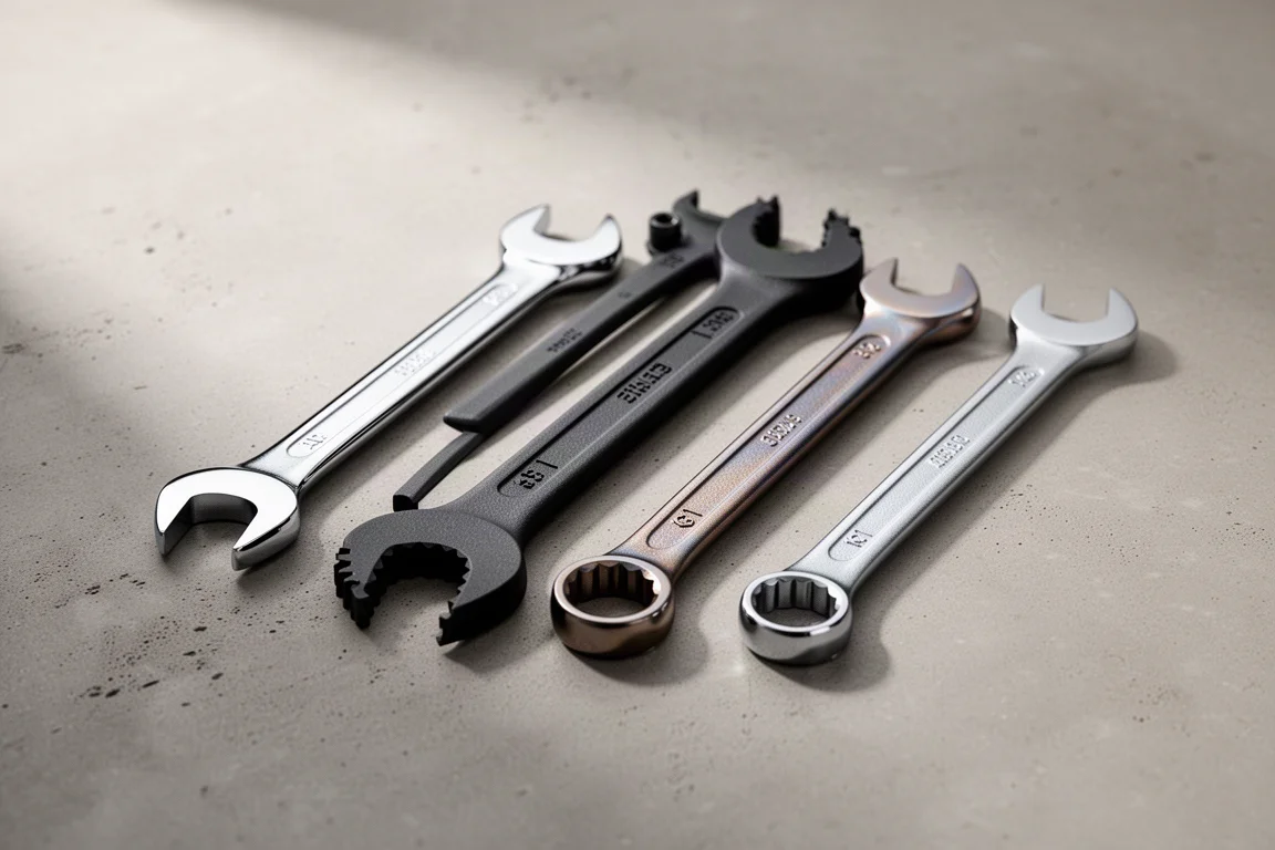 Four combination wrenches with different finishes arranged on a concrete surface
