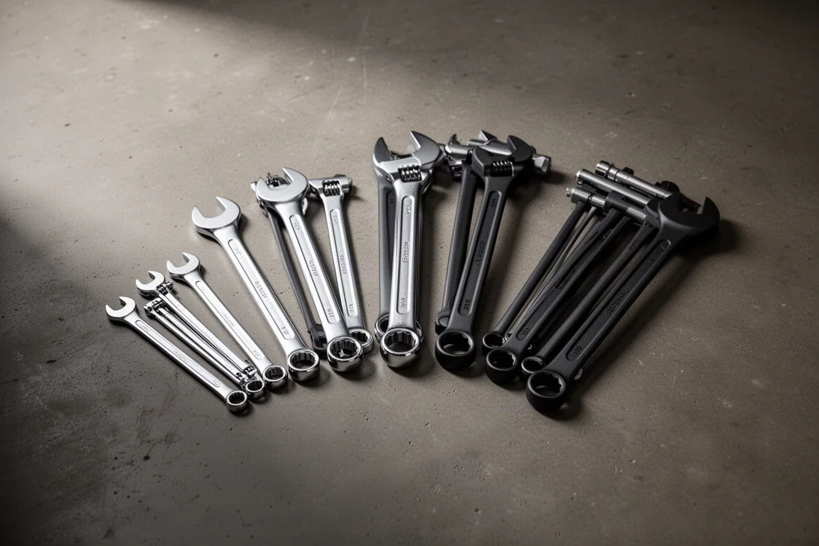 Five combination wrench sets fanned out on a dark concrete surface