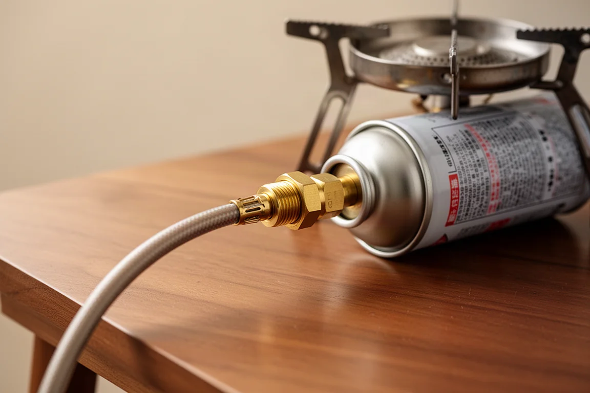 compact propane stove with screw-on fuel connector on wooden table, compact 石油氣爐具配上旋入式燃料接頭,放在木桌上