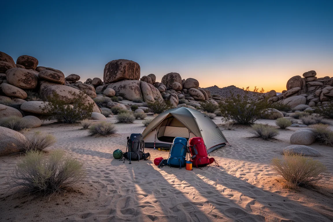 Wüstencamp in der Abenddämmerung mit aufgebautem Zelt und Trekkingausrüstung zwischen Granitfelsen