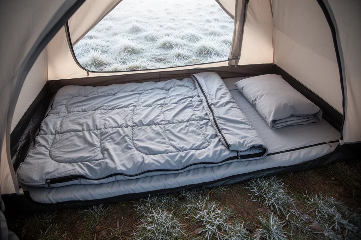 Draufsicht auf ein Quilt und ein an der Matte befestigtes Laken im Zelt an einem frostigen Morgen