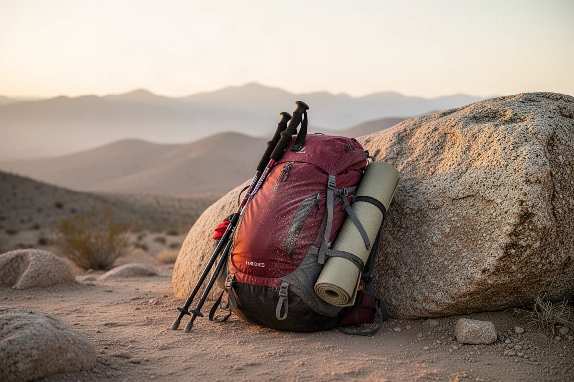 Beladener Rucksack lehnt an einem Granitfelsen auf einem Wüstenweg zur goldenen Stunde