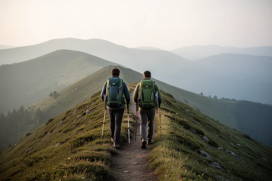 Two backpackers walking a ridge trail with trekking poles in late afternoon light