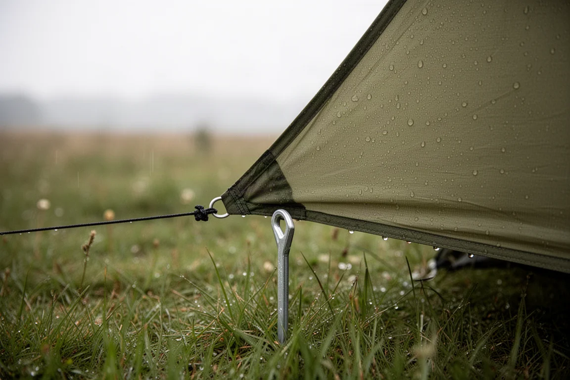 Staked corner of an olive tent fly with water beading on the fabric in damp grass