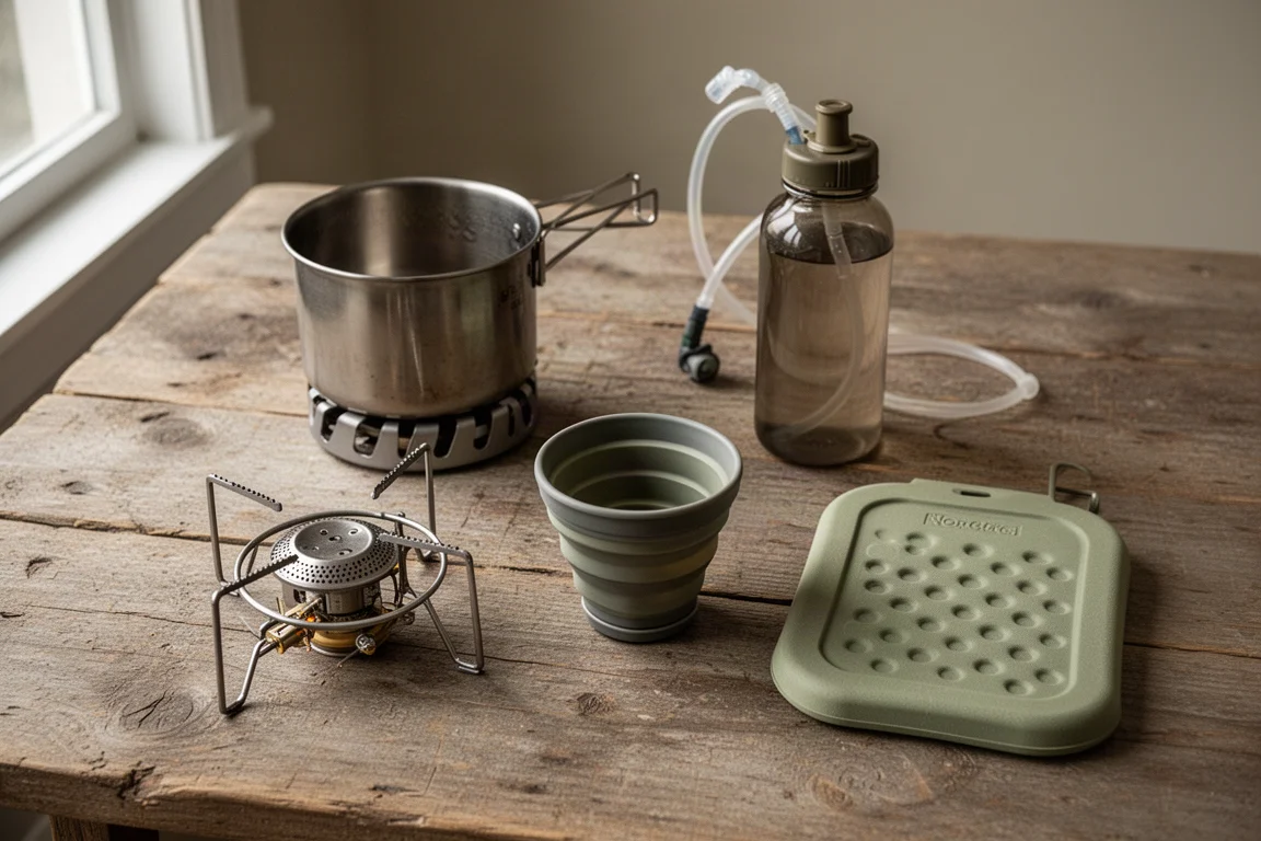 Overhead flat-lay of camp cooking and hydration items on a weathered wooden table