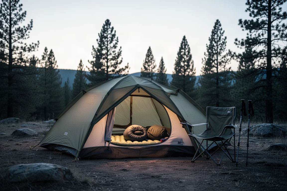 Backcountry campsite at dusk with a glowing tent, sleeping pad and camp chair