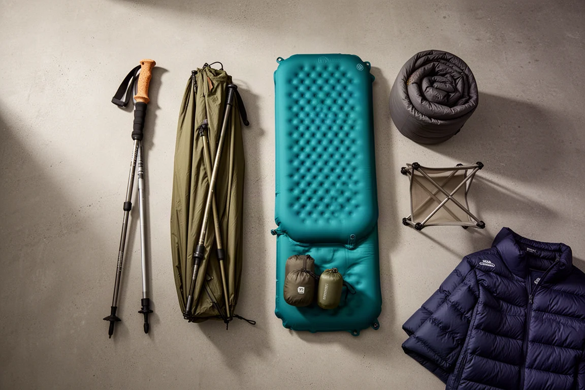 Flat-lay of backpacking comfort gear on a matte concrete surface