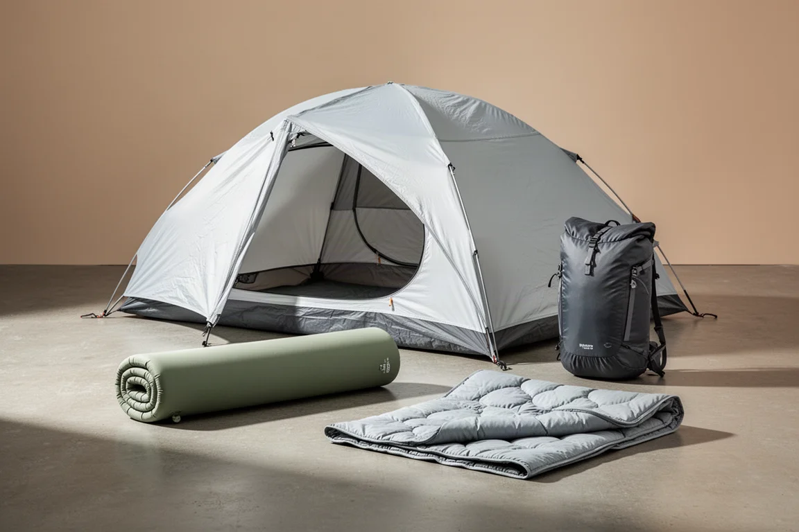 Backpacking tent, sleeping pad, ultralight pack, and quilt arranged on concrete