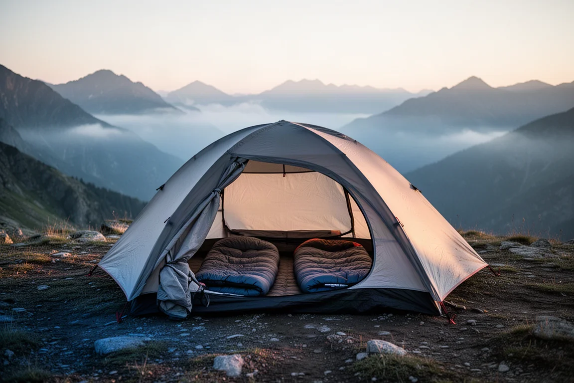 Interno di una tenda all'alba con materassini e trapunte stesi