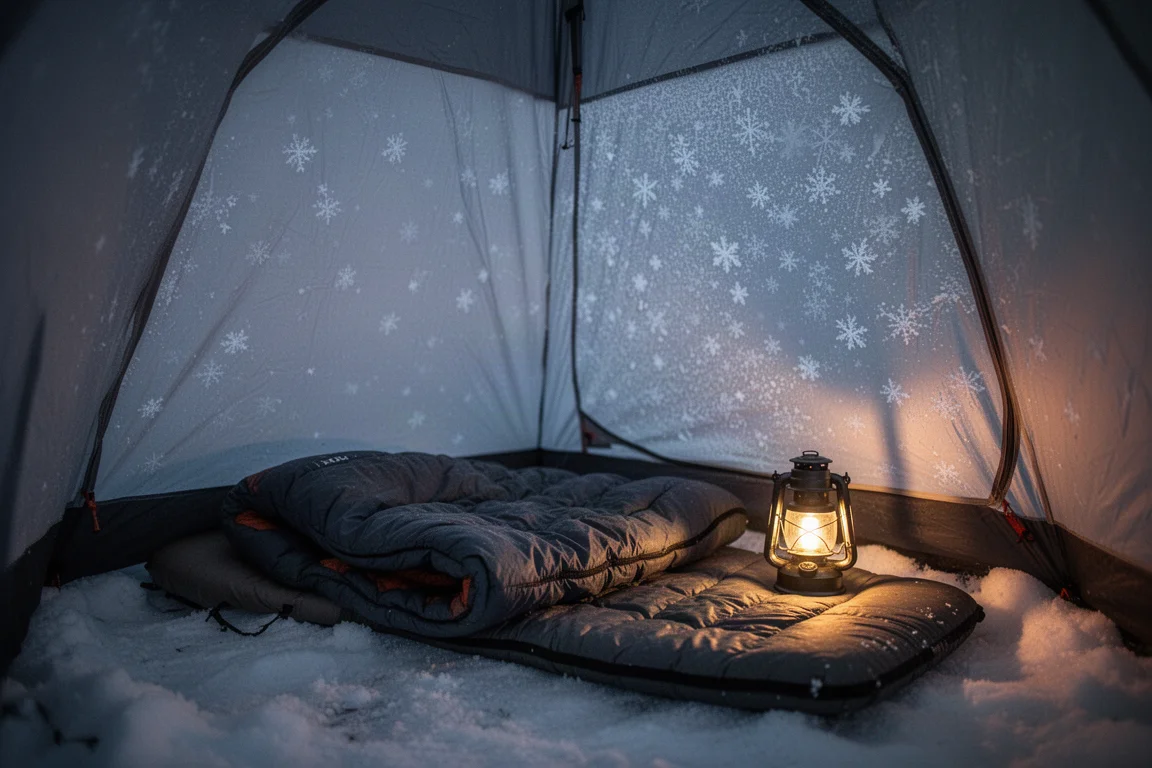 Interno di una tenda d'inverno di notte con materassino e trapunta