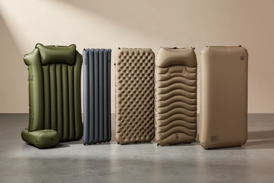 Six inflatable camping sleeping pads arranged in a row on a concrete floor