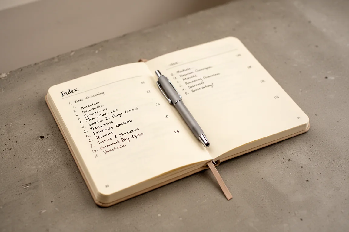 Cahier ouvert avec un index manuscrit au début et des pages numérotées
