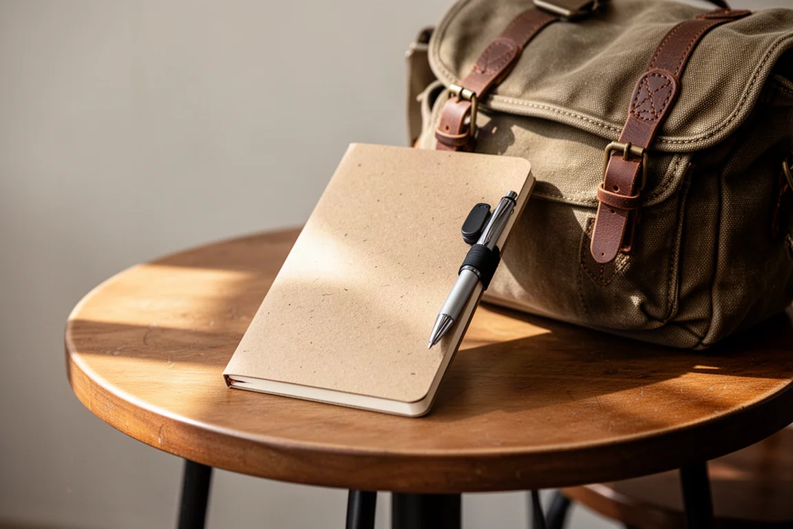 Cahier de poche et stylo rétractable à clip sur une table de café avec un sac de voyage