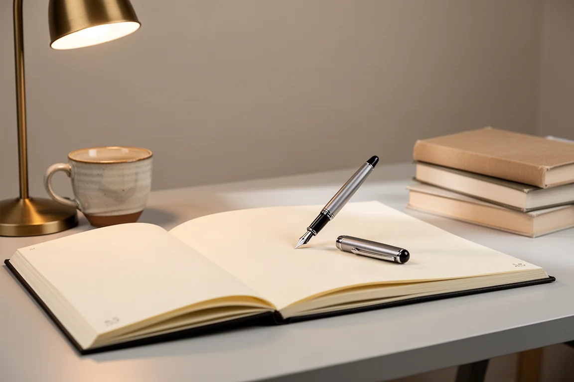 Scène d'écriture au bureau avec un grand cahier A5 et un stylo plume en cours d'utilisation