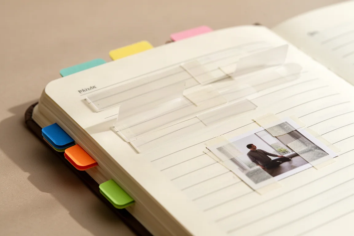Page de cahier divisée avec des onglets adhésifs colorés et des marque-pages signalant des citations