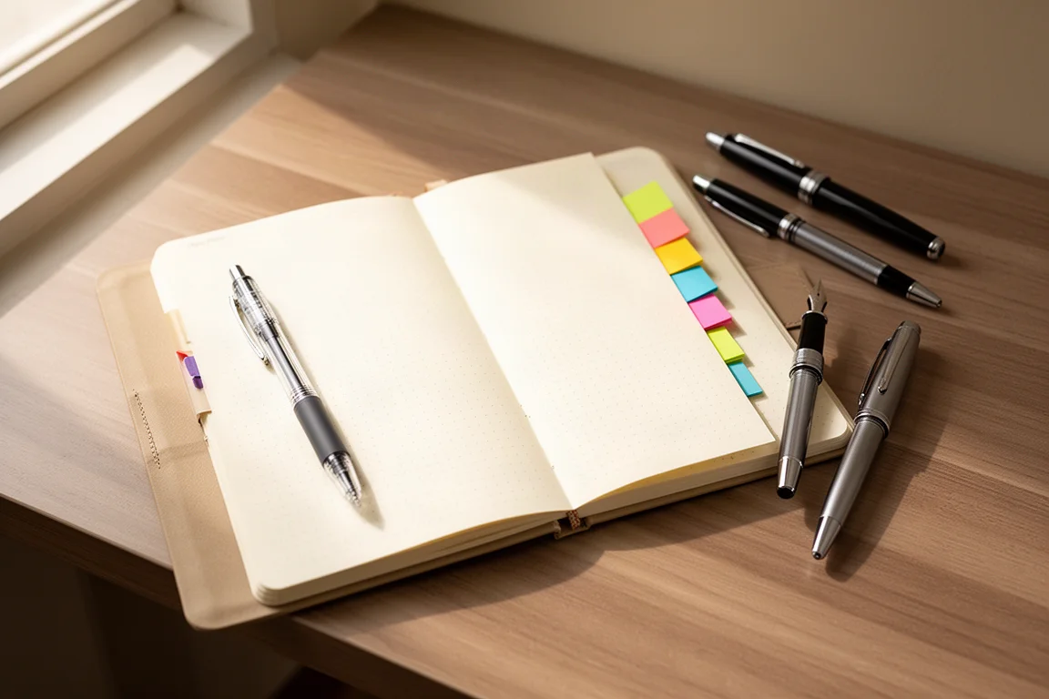Open notebook with pens and sticky tabs arranged on a wooden desk