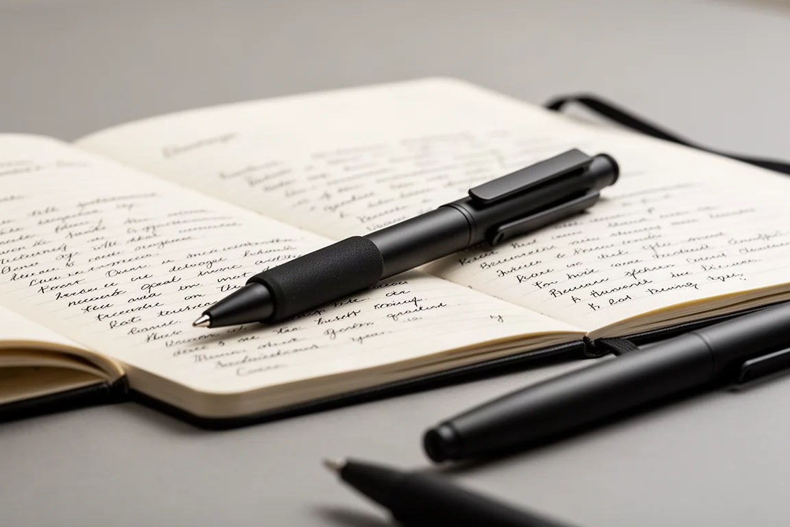 Caneta esferográfica preta fosca apoiada sobre um caderno aberto ao lado de anotações feitas à mão