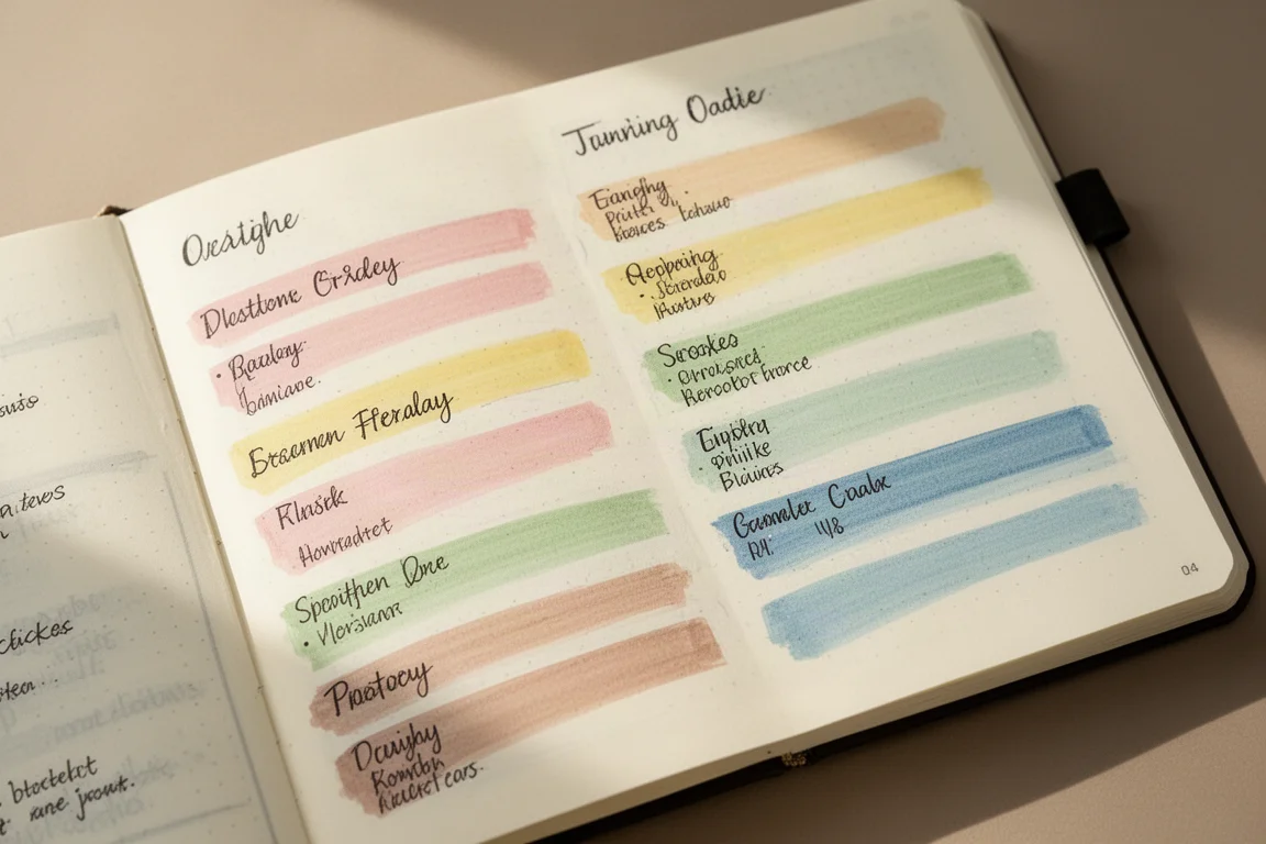 Amostras de marca-texto em tons pastel desenhadas sobre as páginas de um caderno