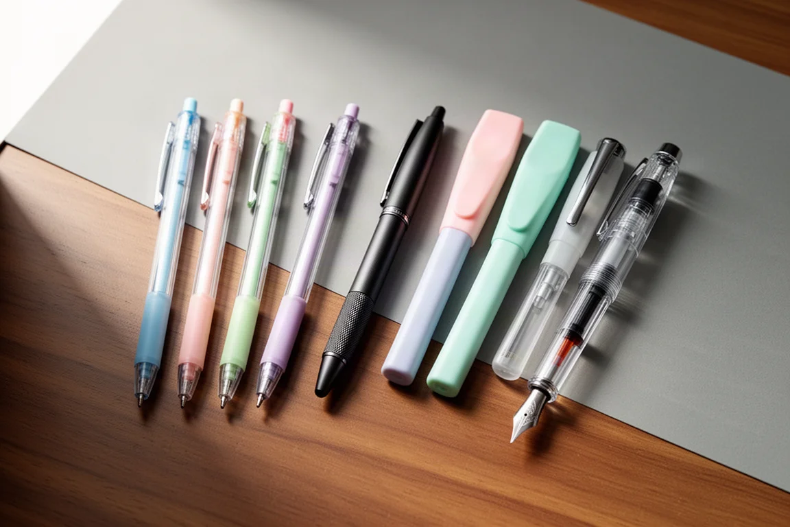 Flat-lay of gel pens, highlighters, and a fountain pen arranged on a wooden desk