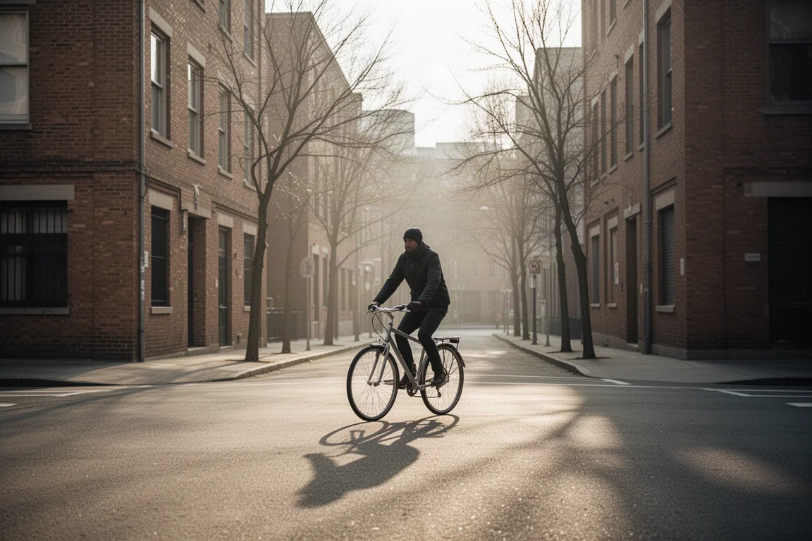 Cyclist planning a commuting route on a quiet city street at morning