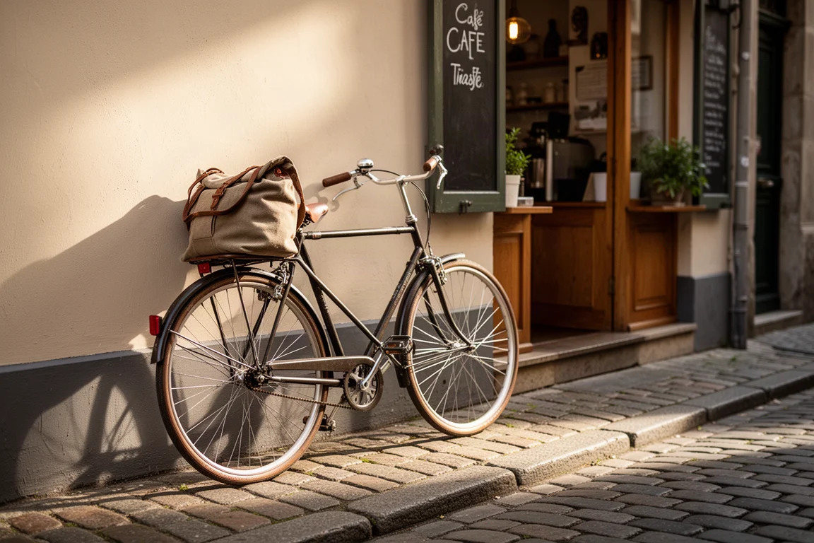 Upright town bike parked outside a cafe on a cobbled street